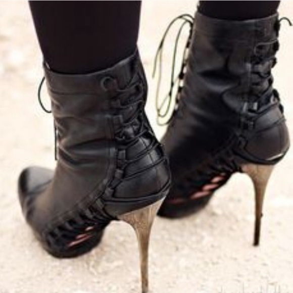 Black Leather Ankle Bootie Stiletto Corset Sexy - Picture 6 of 9